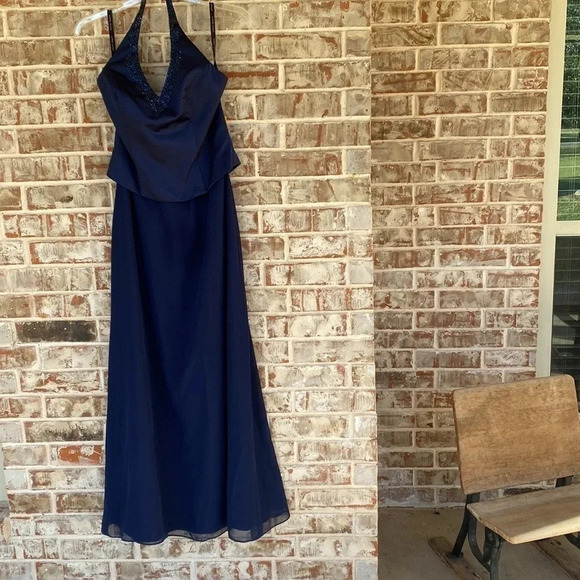 Alfred Angelo Dresses & Skirts - Alfred Angelo Navy Halter Beadwork Maid of Honor Prom Dress